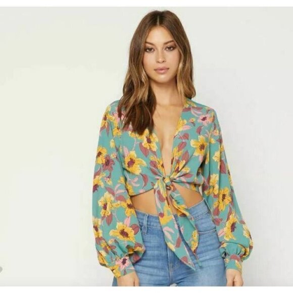 New Flynn Skye Allie Top Womens L Twilight Walk Tie Front Floral Rayon Crop - Picture 1 of 8